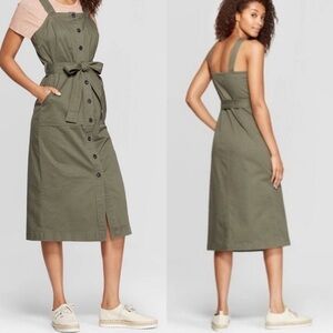 Overall Dress Square Neck Belted Midi